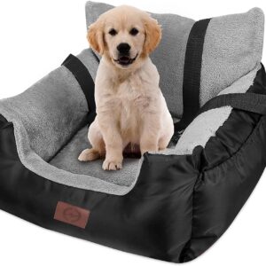 GoFirst Dog Car Seat for Small Dogs or Cats, Pet Booster Seat Travel Car Bed with Storage Pocket and Clip-On Safety Leash, Waterproof Warm Plush Dog Car Safety Seats,Black