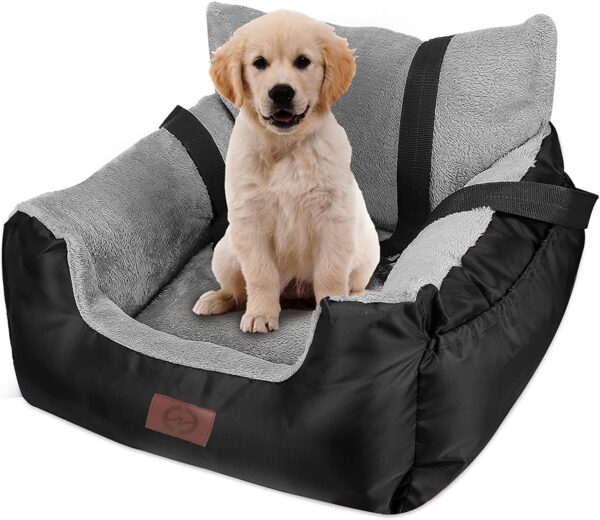 GoFirst Dog Car Seat for Small Dogs or Cats, Pet Booster Seat Travel Car Bed with Storage Pocket and Clip-On Safety Leash, Waterproof Warm Plush Dog Car Safety Seats,Black