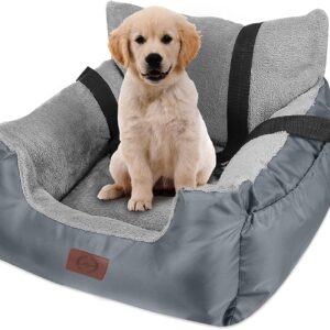 GoFirst Dog Car Seat for Small Dogs or Cats, Pet Booster Seat Travel Car Bed with Storage Pocket and Clip-On Safety Leash, Waterproof Warm Plush Dog Car Safety Seats,Grey