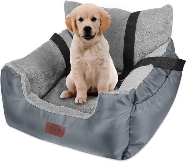 GoFirst Dog Car Seat for Small Dogs or Cats, Pet Booster Seat Travel Car Bed with Storage Pocket and Clip-On Safety Leash, Waterproof Warm Plush Dog Car Safety Seats,Grey