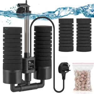 AQQA Aquarium Double Sponge Filter, 3W/5W Quiet Electric Power Fish Tank Filter, Submersible Foam Filter with 4 Sponges, 1 Bag of Bio Filtered Ceramic Balls (M)