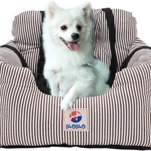 BLOBLO Dog Car Seat for Small and Medium Dogs,Puppy Booster Seat Dog Travel Car Bed with Storage Pocket and Clip-on Safety Leash,Safe and Comfortable Travel,Removable Washable Cover (Coffee Stripe)