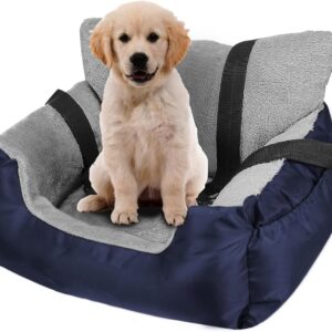 GoFirst Dog Car Seat for Small Dogs or Cats, Pet Booster Seat Travel Car Bed with Storage Pocket and Clip-On Safety Leash, Waterproof Warm Plush Dog Car Safety Seats,Navy Blue