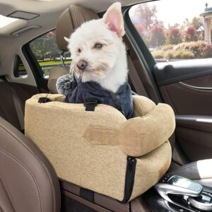 Yokee Dog Car Seat Dog Booster Car Seat Center Console Car Dog Seat Armrest Small Dog Car Travel Seat Safety Leash Washable and Durable Puppy Car Seat（Beige）