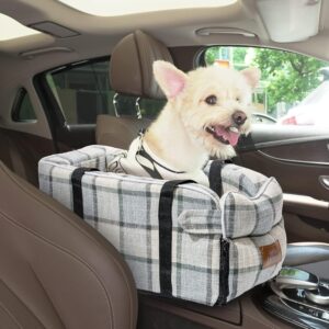 Yokee Dog Car Seat Dog Booster Car Seat Center Console Car Dog Seat Armrest Small Dog Car Travel Seat Safety Leash Washable and Durable Puppy Car Seat（Light Grid）