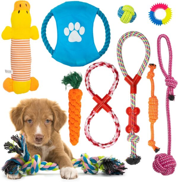 Fur & Bone 10 Pack Dog Chew Toys | Puppy Toys Dog Toys for Boredom | Indestructible Dog Toys with Rope Toys, Squeaky Toy | Dog Toy, Dog Teething Toys for Small & Medium Dogs | Dog