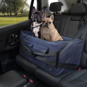 A 4 Pet Medium Dog Car Seat, Dog Car Booster Seat with 2 Safety Leashes, Suitable for 2 Small Dogs or a Medium Dog, Foldable Dog Booster Car Seat with Washable Cushion, Dark Blue