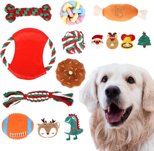 ANOTION Christmas Dog Toys 12 Days Dog Advent Calendar 2023 Dog Set - Including Various Squeaky Balls Rubber Plush Rope Chew and Hair Clips Toys Dog Toys for Small Medium Large Dogs