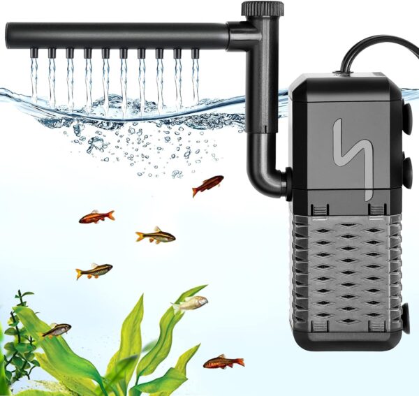 AQQA Fish Tank Filter, 600L/h Internal Aquarium Filter with Aeration & Rainfall, 6W Quiet Fish Tank Filter Pump for Tanks up to 200L