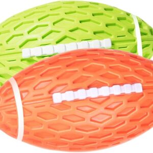 AUSCAT 2Pcs Chew Squeaky Toy Balls, Indestructible Dog Ball for Small Dogs, Rugby Shape Rubber Chew Ball with Squeaker, Interactive Dog Ball for Outdoor Play, Green and Orange