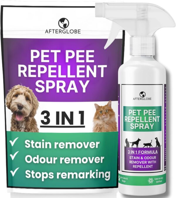 Afterglobe 3 in 1 Pet Pee Repellent, Urine Stain & Odour Remover | Urine Smell Neutraliser & Pet Carpet Cleaner | Works on any Surface, Stops Cats & Dogs Urinating in House, Enzyme Cleaner for Cat Pee