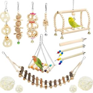 Allazone 14 PCS Bird Parrot Toys, Bird Perch Toys Hanging Bell Pet Bird Cage Hammock Swing Toy Wooden Chewing Toy for Conures, Love Birds, Small Parakeets Cockatiels, Macaws