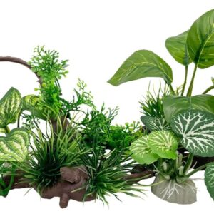 Aquarium Plants Fish Tank Decorations Composite Plastic Artificial Plant Goldfish Waterscape Fish Hides Plastic Driftwood Silk Leaf Set (Wood/Leaf Set)