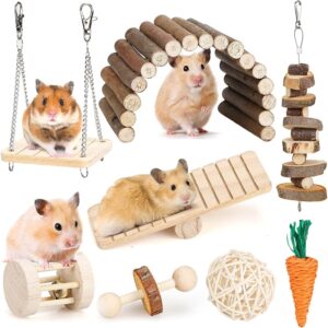 BBjinronjy Hamster Chew Toys Set Small Animal Molar Toys Teeth Care Wooden Accessories for Guinea Pigs,Chinchillas,Gerbils,Mice,Rats,Mouse Rodents Toy Swing Seesaw Bridge