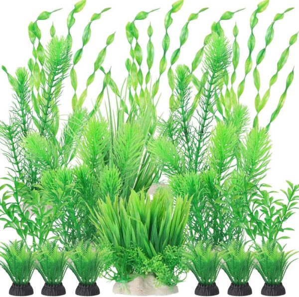 BEGONDIS 18Pcs Artificial Aquarium All Green Plants Set, Artificial Plastic Plants Fake Aquatic Plants Artificial Fish Tank Plants for Aquarium Decorations