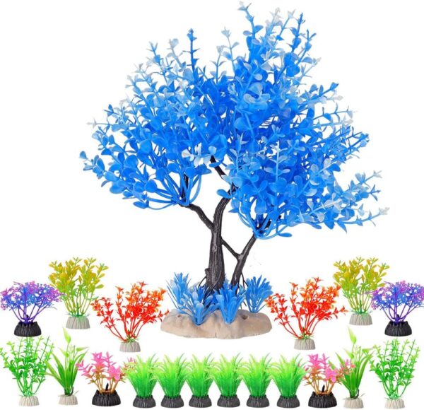 BEGONDIS 20Pcs Artificial Aquarium Plants Blue Tree Set, Artificial Plastic Plants Fake Aquatic Plants Artificial Fish Tank Plants for Aquarium Decorations…