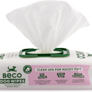 Beco Bamboo Dog Wipes - Plastic Free 80 Wipes, Coconut Scented, For Paws, Body and Bum, Plant-Based Grooming Wipes