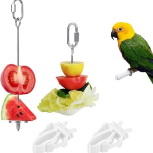 Budgie Food Holder,4PCS Stainless Steel Parrot Skewer Feeder and Plastic Bird Food Clips Set,Bird Treats Fruit Stick Holder Clip Foraging Toy for Parrot Budgie Parakeet Cockatiel Cage (Silver+White A)