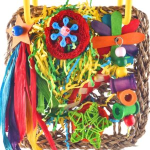 Cockatiel Toys, ERKOON Bird Budgie Toys Foraging Toys Hanging Bird Toys for Lovebrid Parakeets Conures Bird Foraging Wall with Colorful Toys for Birds Shredding Seagrass, Birds Cage Toy accessories