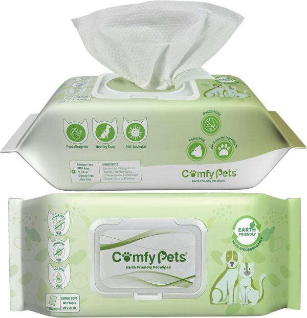 Comfy Pets Earth Friendly Wet Wipes for Dogs, Cats & Puppies, Soft and Thick Fragrance Free Biodegradable Grooming Wipes For Ears, Paws, Body and Bum (1)