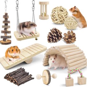 ERKOON Hamster Chew Toys, Hamster Toy Syrian Boredom Breakers Natural Wooden Teeth Care Small Animal Molar Toys, Dumbbell Bridge Swing Seesaw for Small Pet Hamster Rabbits, Gerbils, Guinea Pig