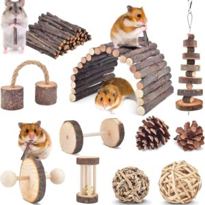 ERKOON Hamster Chew Toys, Small Animal Boredom Breaker Guinea Pig Activity Toy Natural Wooden Accessories Gerbil Rat Chinchilla Dumbbells Play Bridge Roller Teeth Molar Exercise