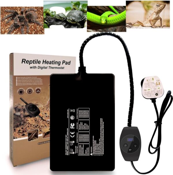 FIPASEN Reptile Heating Mat with Digital Thermostat, 8x12 Inch Terrarium Heat Mat for Tortoise/Snakes/Lizard/Gecko/Hermit Crab/Frog/Spider/Insect Breeding/Plant Box - Upgraded Reptile Heating Pad