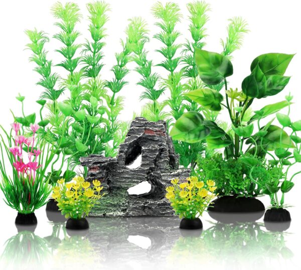 Fish Tank Accessories Artificial Plants, QUOZUO 9pcs Green Aquarium Decorations Plants and Cave Rock Decor Set, Aquarium Decor Plastic Plants