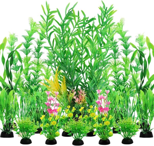 Fish Tank Plants, QUOZUO 20pcs Aquarium Decor Green Plants Artificial Aquarium Decorations Plant, Fish Tank Accessories for Household and Office Aquarium Simulation, Small to Large