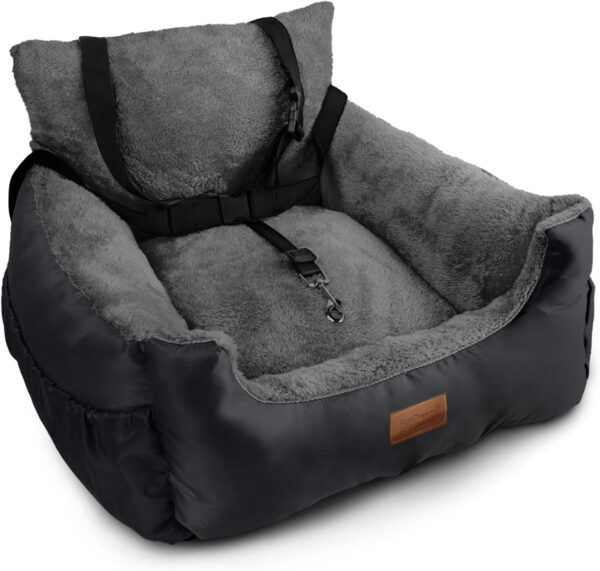 Furdreams Dog Car Seat (Black/Grey), Plush & Cosy Pet Car Booster Seat for Small Dogs & Cats with Storage Pocket, Car Dog Bed with Safety Leash, Waterproof Liner & Non-Slip Base,Dog Travel Bed