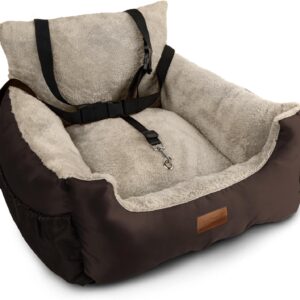 Furdreams Dog Car Seat (Brown/Beige - 20kg), Plush & Cosy Pet Car Booster Seat for Small Dogs & Cats with Storage Pocket, Car Dog Bed with Safety Leash, Waterproof Liner & Non-Slip Base,Dog Travel Bed