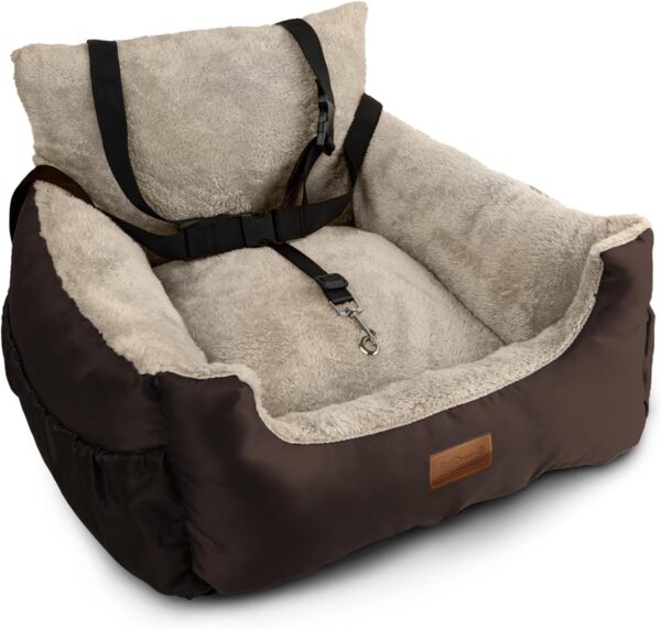 Furdreams Dog Car Seat (Brown/Beige - 20kg), Plush & Cosy Pet Car Booster Seat for Small Dogs & Cats with Storage Pocket, Car Dog Bed with Safety Leash, Waterproof Liner & Non-Slip Base,Dog Travel Bed