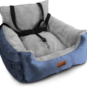 Furdreams Dog Car Seat - Plush & Cosy Pet Car Booster Seat for Small Dogs & Cats with Storage Pocket, Safety Leash, Waterproof Liner & Non-Slip Base - Grey/Grey