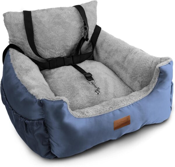 Furdreams Dog Car Seat - Plush & Cosy Pet Car Booster Seat for Small Dogs & Cats with Storage Pocket, Safety Leash, Waterproof Liner & Non-Slip Base - Grey/Grey