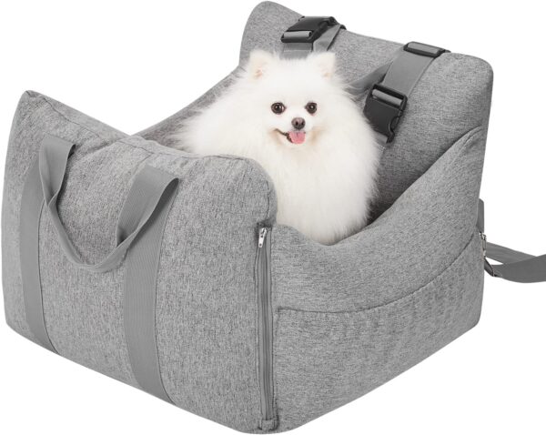 GIOPACO Dog Car Seat Puppy Booster Seat Pet Travel Car Carrier Bed with with Removable mat Clip-on Safety Leash Non-Slip Base for Small Medium Dogs Safe and Comfortable (Grey)