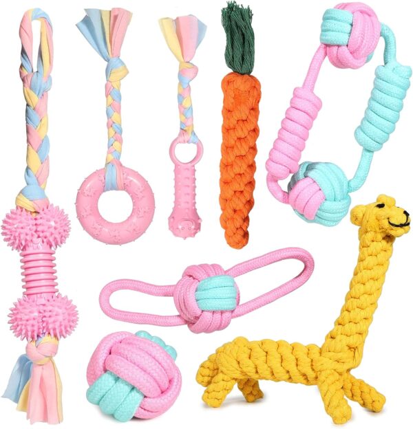 JYPS Puppy Dog Chew Toys, 8pcs Dog Toy Set Teething Training, Chewing Toys for Aggressive Chewers, Interactive Pink Dog Rope and ball Toys Gift Xmas for 8 Weeks Small Puppies, Medium and Large Dogs