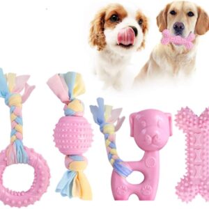 JYPS Puppy Dog Teething Toys, 4pcs Puppy Chew Toy Set with Ball and Cotton Ropes, Rubber Chews Toys, Interactive Girls Puppy Accessories Gift Pink for 8 Weeks Small Puppies and Medium Dogs (Pink)