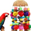 MQUPIN Large Parrot Toys,Quaker Parrot Toys with Large Strings of Coconut Shell，Natural Chewing Parrot Toys African Grey,Multicolored Wooden Block Toy for Climbing Chewing Unraveling Preening