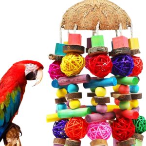 MQUPIN Large Parrot Toys,Quaker Parrot Toys with Large Strings of Coconut Shell，Natural Chewing Parrot Toys African Grey,Multicolored Wooden Block Toy for Climbing Chewing Unraveling Preening