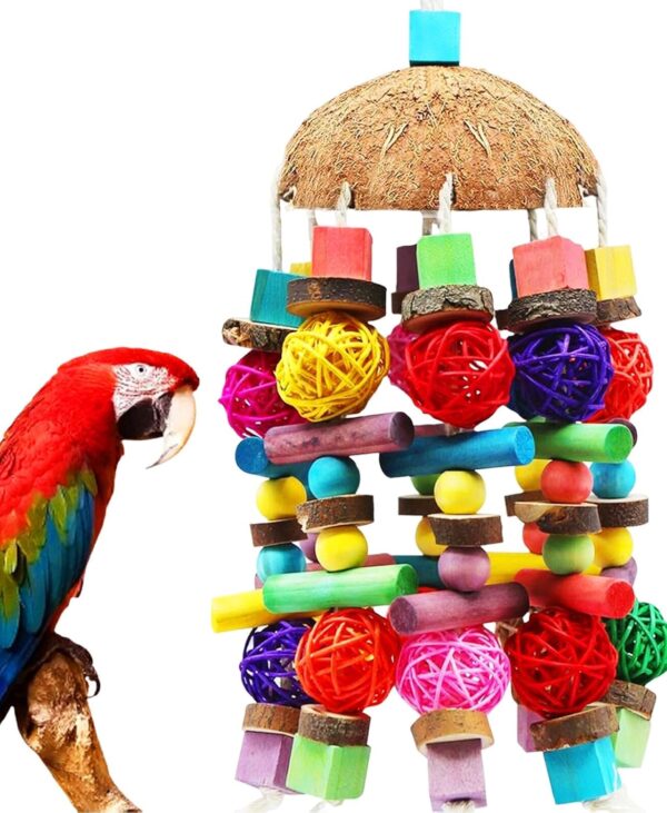 MQUPIN Large Parrot Toys,Quaker Parrot Toys with Large Strings of Coconut Shell，Natural Chewing Parrot Toys African Grey,Multicolored Wooden Block Toy for Climbing Chewing Unraveling Preening