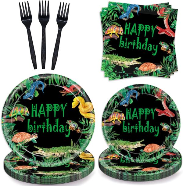 Oigco Reptile Party Supplies Lizard Snake Crocodile Party Decorations Jungle Swamp Snake Alligator Camping Wildlife Turtle Wilderness Party Includes Plates Cups Napkins Forks, Serves 24 Guests