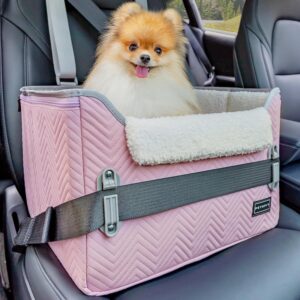 PETSFIT Puppy Car Seat with Safety Belt Attachment Buckles, Waterproof PU Leather Dog Booster Car Seat with Adjustable Height Dog Seat and Big Pocket for Pets Under 11 kg Pink