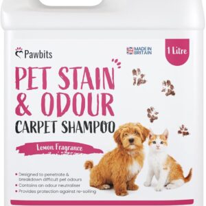 Pawbits Pet Stain and Odour Carpet Shampoo 1L Super Concentrated - Lemon Scented Carpet and Upholstery Cleaner with Odour Neutraliser - Removes Cat Dog or Puppy Urine/Waste Smells, Cruelty Free