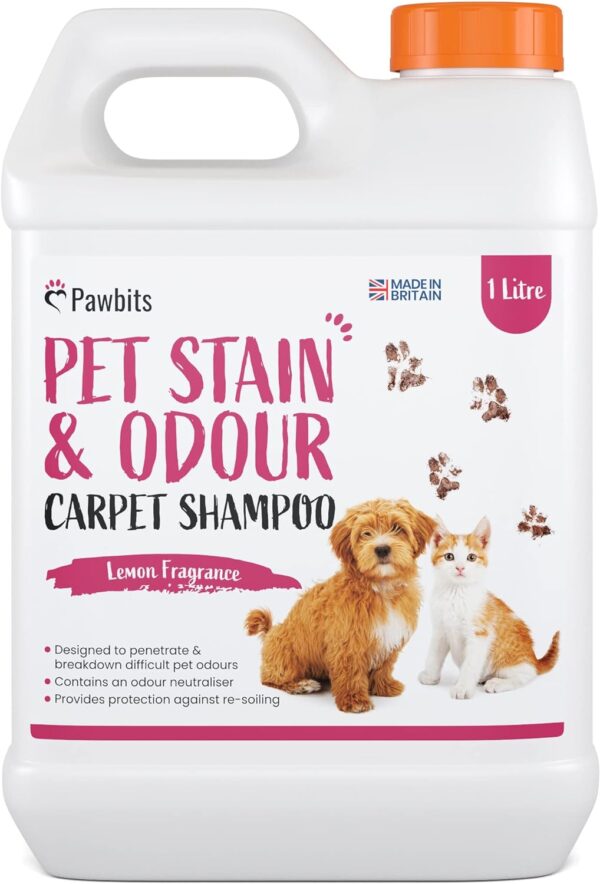 Pawbits Pet Stain and Odour Carpet Shampoo 1L Super Concentrated - Lemon Scented Carpet and Upholstery Cleaner with Odour Neutraliser - Removes Cat Dog or Puppy Urine/Waste Smells, Cruelty Free