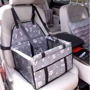 Pet Car Booster Seat for Dog Cat Car Seat Carrier Storage Bag for Dogs and Cats with Safety Leash and Zipper Storage Pocket (Gray with Paw Prints)