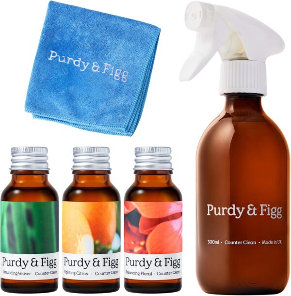 Purdy & Figg | Counter Clean Mixed Starter Kit | All Natural Gentle Non Toxic Organic Essential Oils Multipurpose Cleaner | Citrus Floral Vetiver | Home Kitchen Countertop