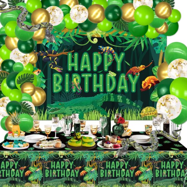 Reptile Birthday Party Supplies, Includes Happy Birthday Backdrop, Tablecloth, Balloons, Jungle Swamp Wilderness Snakes Lizard Alligator Turtle Birthday Decorations for Kids Boys Birthday Party Decor