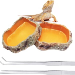 Reptile Growth 4 Pieces Reptile Water Dish Food Bowl Set Includes 2 Food Feeder Bowl Resin Reptile Bowl Water Bowl 2 Feeding Tweezer Tong for Pet Tortoise Lizard Frog Gecko Snake Chameleon