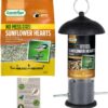 Sunflower Hearts Bird Seed Feeder Set - 1x Sunflower Hearts No Mess Bird Seed 1kg, Black Steel Sunflower Feeder, 1x CHG Guide - High Energy for Small Wild Birds