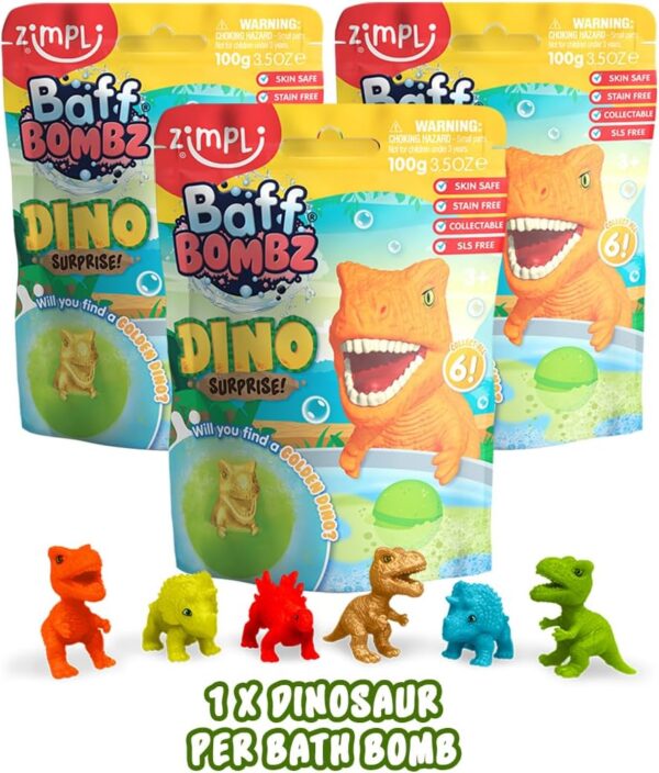 Zimpli Kids 3 x Large Dino Surprise Bath Bombs, 6 Surprise Dinosaur Toys to Collect in Total, One Per Bath Bomb, Bubble Bath Toy Fizzies for Xmas, Stocking Fillers, Pocket Money Toy, Birthday Gift